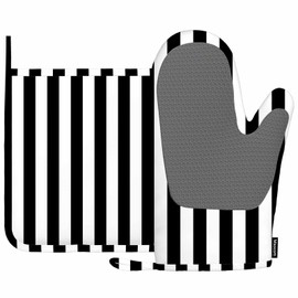 Mxocom Vertical Black Strip Oven Mitts and Pot Holders Sets Black White Silicone Heat Resistant Kitchen Oven Gloves Pot Holder for Cooking