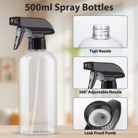 Bynccea Plastic Spray Bottles 2 Pack Clear Empty Spray Bottle 16oz 500ml Squirt Bottle Sprayer for Hair, Cleaning, Plants