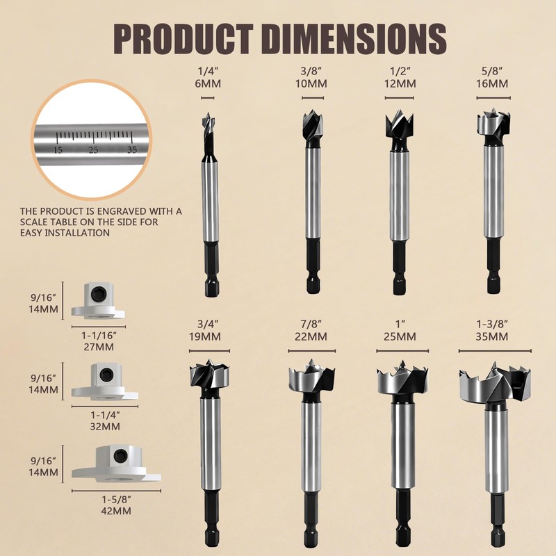 CATITO 8-piece Forstner Drill Bit Set for Woodworking - HEX