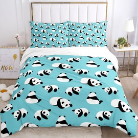 PAAHRYI Panda Bed Linen Children's 135 x 200 cm, Cartoon Panda and Bamboo Motif Duvet Cover, 3D Panda Print Animal Theme Duvet Cover for Girls Boys (A, 135 x 200 cm)