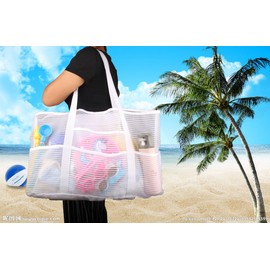 foci cozi Mesh X-Large Tank Beach Bag,White Reusable Shopping Bag,Grocery Picnic Pool