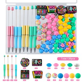Kovict 136Pcs Mix Bright Teacher Silicone Beads for Keychain Making, 10mm Rondelle and 12mm 15mm Silicone Beads for Pens