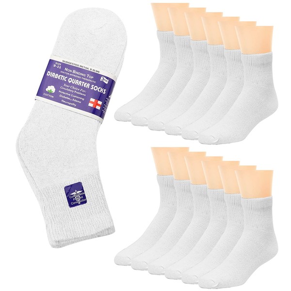 Falari 12-Pack Diabetic Socks Quarter Ankle Unisex Physicians Approved Socks (9-11, White)