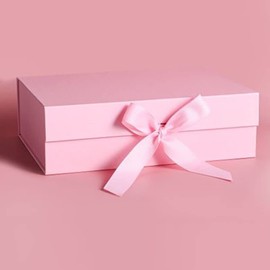 WeforU Gift Box Magnetic Flat Pack with Ribbon for Weddings Birthday Bridesmaid Proposal and Baby Bridal Shower Valentine's Present Gifts (9.05x 6.69x 2.75 inch) (Pink)
