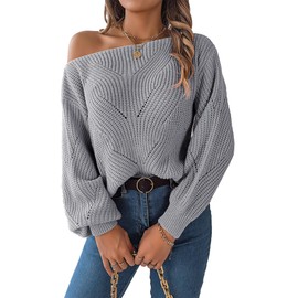 Foeya Women's Hollow Out Pullover One Line Neck Off Shoulder Lantern Sleeves Elegant Long Sleeve Pullover Loose Knitted Blouse Solid Casual Top, gray