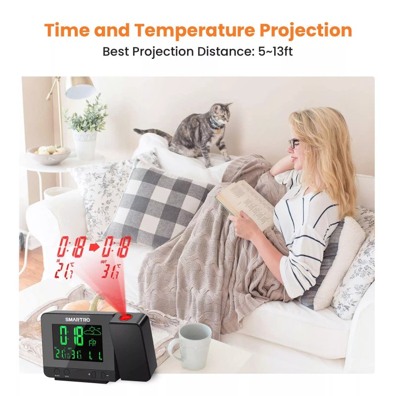 SMARTRO SC31B Digital Projection Alarm Clock with Weather Station, Indoor