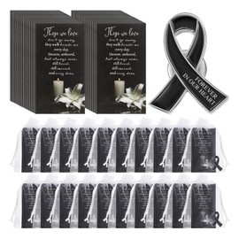 Unittype 60 Set Funeral Ribbon Pins Awareness Lapel Pin Remembrance Ribbon Brooch with Prayer Cards Organza Bags(Black)