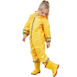 FILOWA Raincoat Hooded Kids Puddle Suit Girls All in One Waterproof Rainsuit Yellow Lightweight Rainwear Portable Breathable PVC Transparent Brim Zipper Muddy Suit Unisex 7-10 Years