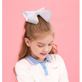 AMYDECOR 6 Inch White Sparkly Glitter Sequin Hair Bows for Girls Toddlers Kids Children Teenage (2PCS)