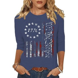 3/4 Sleeve USA Patriotic Shirts for Women 4th of July America Stars Stripes Flag Graphic Tops Summer BBQ Tee(4TO01NY,Medium)