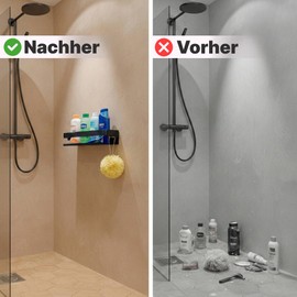 Minismus Shower Shelf No Drilling Black Shower Shelf with Safety Strip and Hooks, Wall Shelf No Drilling, Bathroom Organiser, Shampoo Holder Shower, Gluing or Screws, Stainless Steel