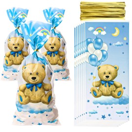 FUNCANDLE 50 Pcs Bear Cellophane Bags,Plastic Candy Sack Food Cellophane Bag with Twist Ties for Wrapping,Packaging Candies,Dessert,Bakery, Cookies, Chocolate Party