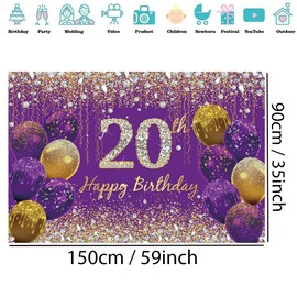 20th Birthday Decorations for Women, Purple Glitter Spots Fabric Sign Poster Birthday Party Decoration Background Banner Woman, 20th Birthday Party Decoration