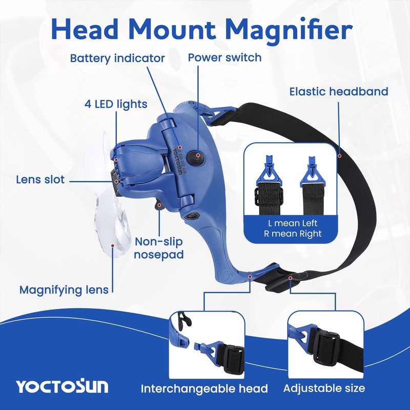 YOCTOSUN Magnifying Glasses with Light, Hands Free Headband Magnifier with