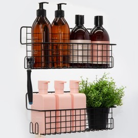 Kempt Duschablage Badregal Schwarz mit Haken Edelstahl Badezimmer Organizer Regal Ohne Bohren Rostfrei Metall Wandregal Klebe Stick On Regal Toilettenartikel Shampoo Halter In-Shower Storage