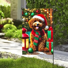 Christmas Dog Garden Flag 12x18, Puppy Santa Hat Holiday Double Sided