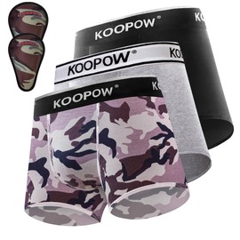 KOOPOW Boys Underwear Stretch Boxer Briefs with 2 Soft Protective Cup,Athletic Shorts for Baseball, Football,Lacrosse,3 Pack,Black/Grey/Camo,M