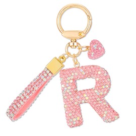 MWOOT Pink Car Keychains Gift for Women Girls Initial Letter Keychain Cute Bling Keychains keyrings Bling Letter Pendant for Purse Backpack Handbag Charms,Letter R