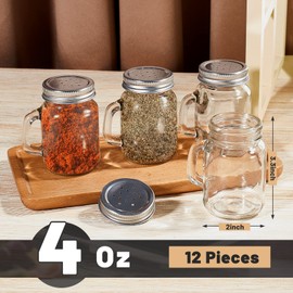 12 Pieces Salt and Pepper Shaker Clear Glass Mason Jar Mini Salt Shaker with Metal Lid Salt and Pepper Shakers Set with Handles for Kitchen Table, Drinkware, Rustic Home Decor and Gifts, 4 Oz