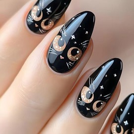 LIyun&Hang Press on Nails Almond Shapes 24Pcs Glossy Full Cover Artificial Fake Nails, Cartoon Black Cat Eyes Nail Art Design, Reusable Luxury jelly glue Stick On Nails(type-9)