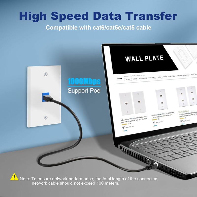 VCE Ethernet Wall Plate (UL-listed) 1-Pack, CAT6 Ethernet Wall Outlet