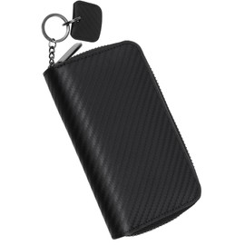 Blanze Men's Italian Carbon Leather Key Case, Round Zipper, Compatible with Smart Keys, 1 Key Cover Included, Black