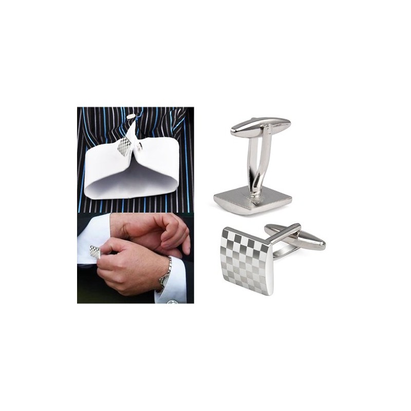 KINGQ Mens Silver Square Checkerboard Cufflinks