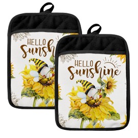 HUGANE Hello Sunshine Bee Gnome Sunflower Oven Mitts Set, Gnome Gifts for Women, Bee Gifts, Sunflowers Floral Heat Resistant Kitchen Oven Gloves for Baking and Cooking,Pot Holders