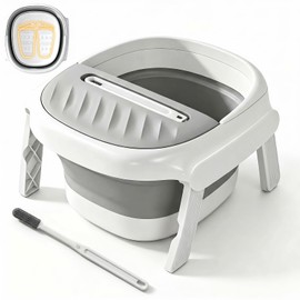 Collapsible Foot Bath Tub with Long Handle Foot Brush, Foldable Foot Soaking Tub with Insulated Lid & Sturdy Support Frame, Pedicure Foot Spa Basin for Men Women Home Travel (Gray)