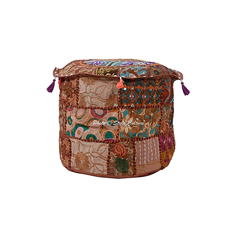 Stylo Culture Cotton Patchwork Embroidered Osmanische Cover Brown Floral Ottoman