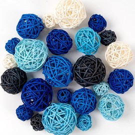 GuassLee Decorative Balls for Bowls Centerpiece, 24Pcs Blue Wicker Rattan Balls Vase Fillers Potpourri Bowl Filler for Home Bathroom Living Dining Room Table Decor DIY Craft, 3 Sizes