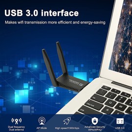 USB 3.0 Wireless LAN Device 1300Mbps 2.4G/5G Dual Band Wifi Adapter, 2 High Performance Antennas, Supports Windows 11, 10, 8.1, 8, 7, XP