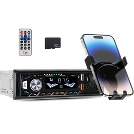 Bluetooth 5.0 Audio Single Din Car Stereo FM Receiver Digital Music Radio with Mobile Phone Holder Support AUX TF Input USB Playback & Charging Colorful Button Lights & Remote