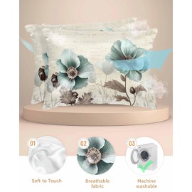 Blue Green Floral Satin Pillowcase for Hair and Skin with Zipper, Mallow Flowers Soft Breathable Cooling Silk Pillow Cases, Spring Summer Retro Throw Pillow Covers Standard Size 20''x26'' Set of 2