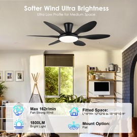 Ceiling Fans with Lights, 51 inch Modern Black Low Profile Ceiling Fan with Light and Remote App Control, Flush Mount, Quiet DC Reversible, Dim Led Ceiling Fan 6 Blade Softer Wind Indoor/Outdoor Patio