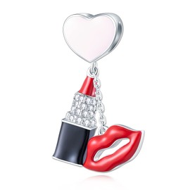 Sambaah Lipstick Charm Pink Heart 925 Sterling Silver Makeup Red Lip Dangle Charm with Clear Crystals for Bracelets