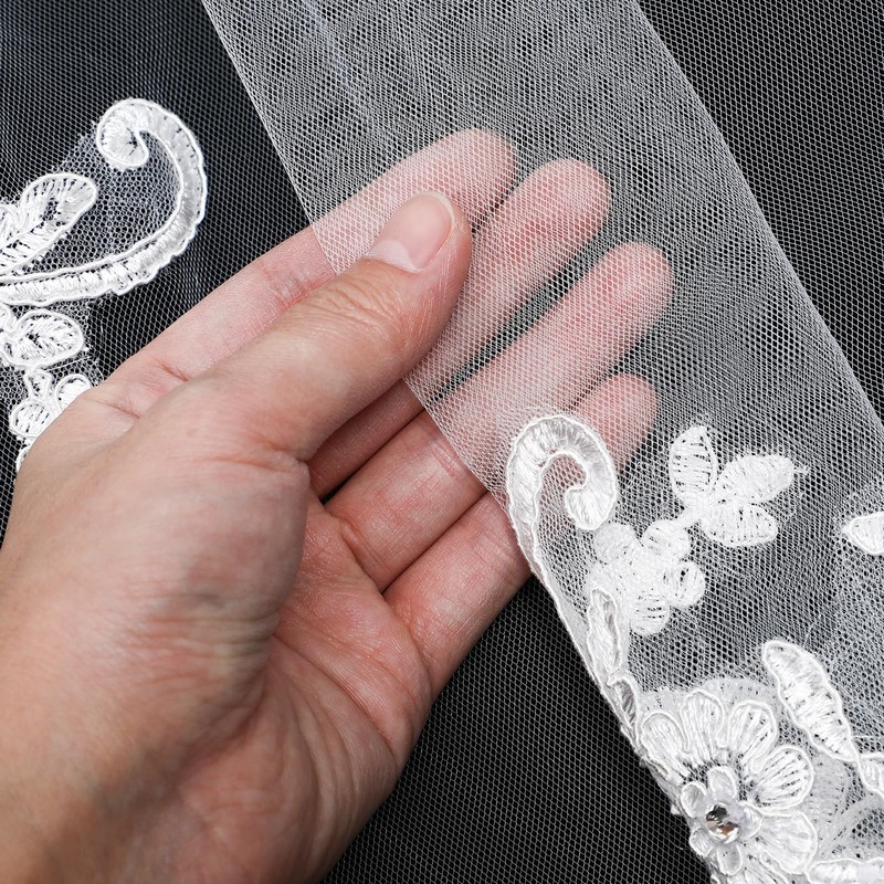 Elegant Short Bridal Veil Lace Appliques Crystal Beads Wedding Veil