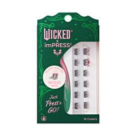 WICKED X imPRESS Press On Self Adhesive Eyelashes, ‘Bewitching’, 12 Lash Clusters, 8mm-10mm, Light Volume, Gold & Pink Moon Glitter, Pink & Green Mini Applicator