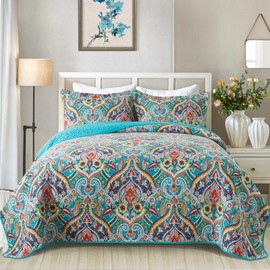 VAPUTAR Quilt Queen Bedding Set - Soft Cotton Quilts with Paisley Floral Pattern - Lightweight Reversible Bedspreads for Farmhouse (3 Pieces, Bright Teal)