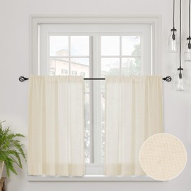 CUCRAF Real Linen Window Curtain, Bistro Curtain, Kitchen Curtains, Set of 2, H 60 x W 120 cm, Natural, Semi Transparent