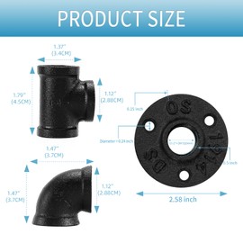 1/2" Black Pipe Fitting, Home TZH 20 Pack Floor Flange/Elbow/Tee Combo for Industrial vintage style, Flanges/Elbow/Tee with Threaded Hole for DIY Project/Furniture/Shelving(20, Black 1/2")