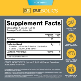 Purbolics Aminos + Energy | Supports Recovery, Energy & Focus | 95mg of Caffeine, 0 Calories & 60 Servings (Blue Steele)