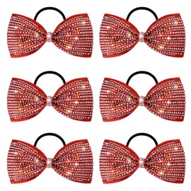 DEEKA 6 PCS Red Glitter Tailless Cheer Bows 5" Rhinestones Competition Hair Bow Elastic Band for Cheerleading Cheerleaders Girls (Glitter Red)