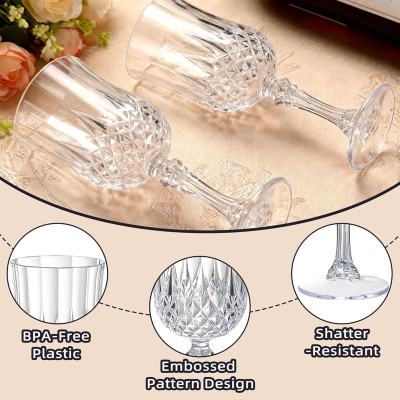 JUSONEY 7oz Vintage Plastic Wine Glasses,Crystal Textured Plastic Goblets,Disposable Wine