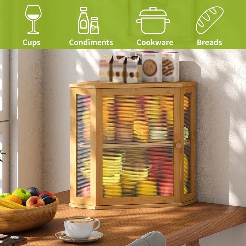 BMOSU Corner Bread Box for Kitchen Countertop Double Layer Bamboo