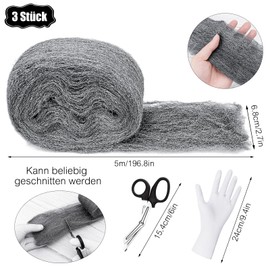 SelfTek Steel Wool 000 15 m with Work Gloves Scissors Fine Against Rodents Steel Wool Steel Wool for Holes and Wall Cracks of Home, Garden and for Cleaning and Polishing Pack of 3