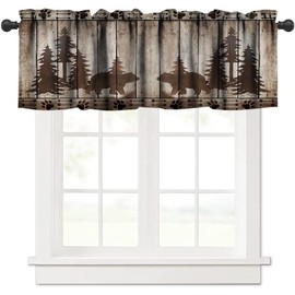 JanJCurt Bear Kitchen Valance, Rustic Cabin Pine Forest Wild Animal Black Bear Retro Wooden Board Window Valance for Farmhouse Bedroom Living Room,54x18in