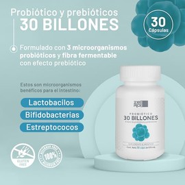 Probióticos y Prebióticos Avanzados - 30 Billones con Inulina de Agave - Lactobacilos y Bifidobacterias - 30 Cápsulas 1 Mes de Suministro - Sin Gluten Sin Azúcar - ZeroNovo