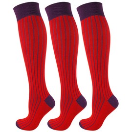 Mysocks Unisex Ribbed Knee Socks Made of Extra Fine Combed Cotton, Seamless Toe, Soft Latex Band, Trendy Colours, 3 pairs red purple