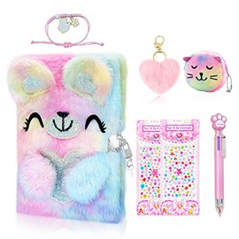 HOMICOZY Bear Diary for Girls with lock and keys , Kids Journal School Travel Notebook Gift Set for Writing and Drawing,Plush Secret Diary with Multicolored Pen Stickers Purse Keychain Bracelet